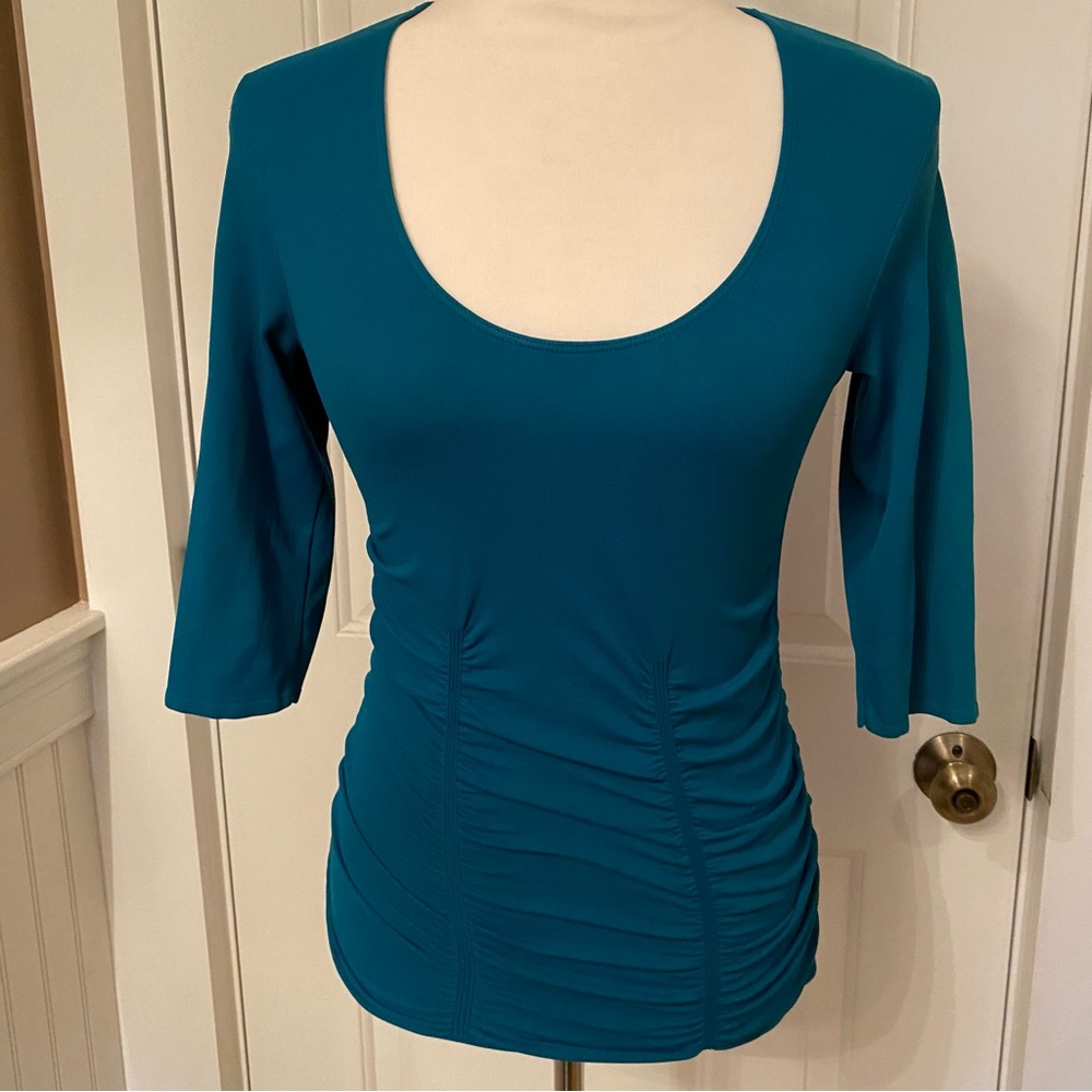 LAST TANGO TOP BLUE SCOOP NECK 3/4 SLEEVE STRETCH RUCHED BODYCON SIZE S/M USA